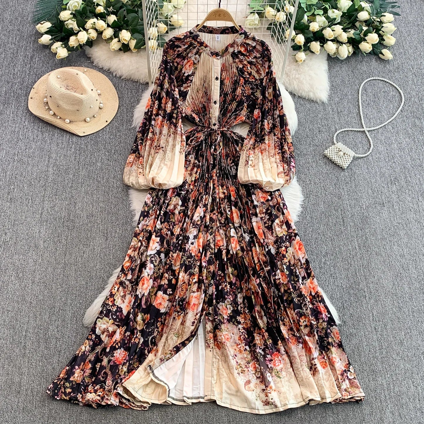 Ele Printed round Ne Lantern Sve Dr Women's Single Button Waist Cinch Maxi Skirt Long Dr Commute Sle Autumn