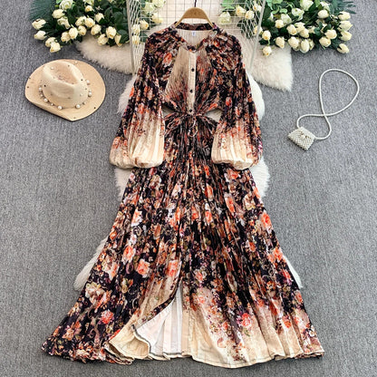 Ele Printed round Ne Lantern Sve Dr Women's Single Button Waist Cinch Maxi Skirt Long Dr Commute Sle Autumn