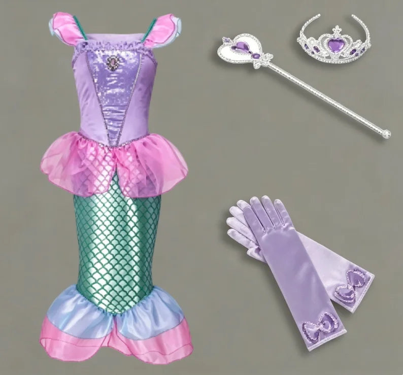 2025 Girls Mermaid Dress Princess Cosplay Party Costumes Summer Purple Elegant Flying Sleeve Fancy Dresses For 2-10Y Kids