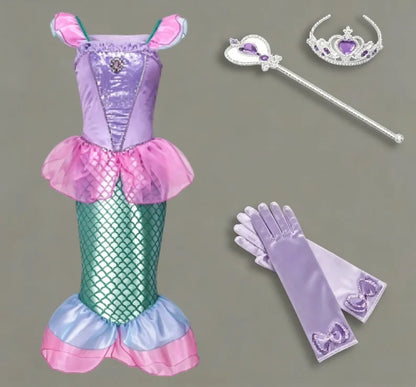 2025 Girls Mermaid Dress Princess Cosplay Party Costumes Summer Purple Elegant Flying Sleeve Fancy Dresses For 2-10Y Kids