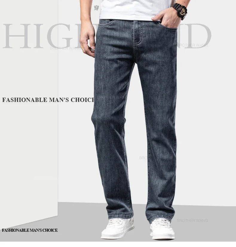 Spring Summer Thin Men's Classic Jeans Elastic Loose Straight Cotton Casual Denim Trousers Brand Clothing Business Male Pants