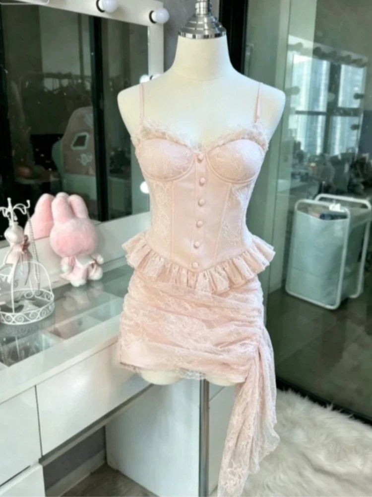 French Style Sweet Cute Polka Dot Splicing Dress Lace Bow Korean Fashion Dresses New Design Slim Waist Lady Y2k Mini Dress