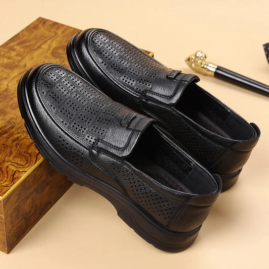 Men's Summer Breathable Leather Loafers Brown Hollow Out Slip-On Shoes Male Thick Sole Comfortable Non-slip Work Shoes for Man