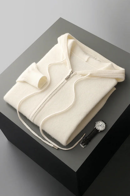 2025 New Men Knitted Plane Hooded Cardigan Cashmere Sweater Zipper Design Pocket Decoration High quality Thick Warmth Hoodie
