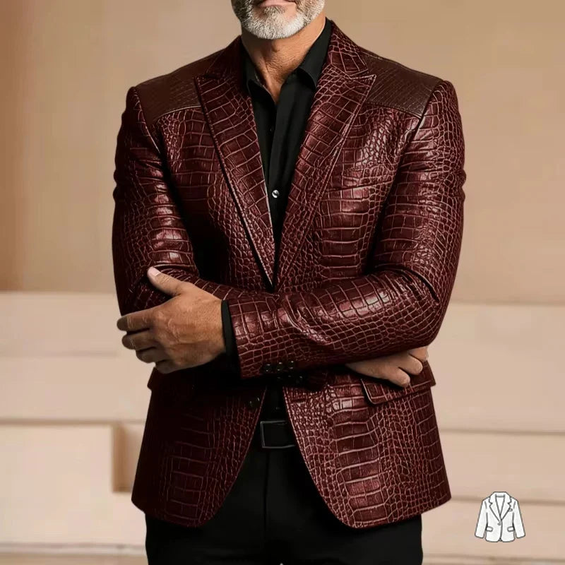 Men's Blazer Crocodile Embossed Leather Suit Jacket Shoulder Patch Notch Lapel Two Button Sport Coat Business Casual Flap Pocket