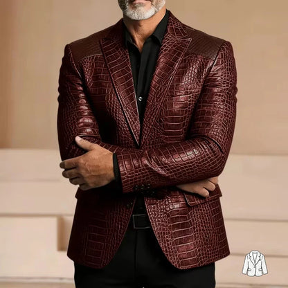 Men's Blazer Crocodile Embossed Leather Suit Jacket Shoulder Patch Notch Lapel Two Button Sport Coat Business Casual Flap Pocket