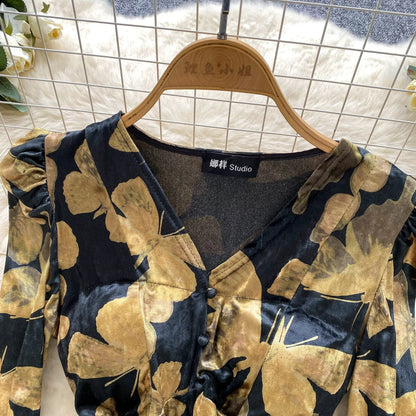 Fashion Butterfly Print Velvet Tops V Neck Flared Sleeve Short Sexy T-Shirt Autumn Senior Elegant Evening Women Blouse