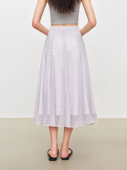 2026 Summer Women's Lilac Plaid High Waist A-Line Skirt for Daily and Resort Wear