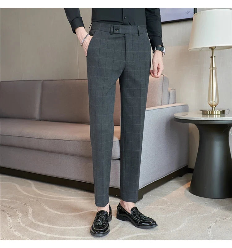2026 Classic Men's Slim Fit Plaid Striped Casual Pants Fashion Business Slim Fit Suit Pants Formal Groom Wedding Dress Trousers