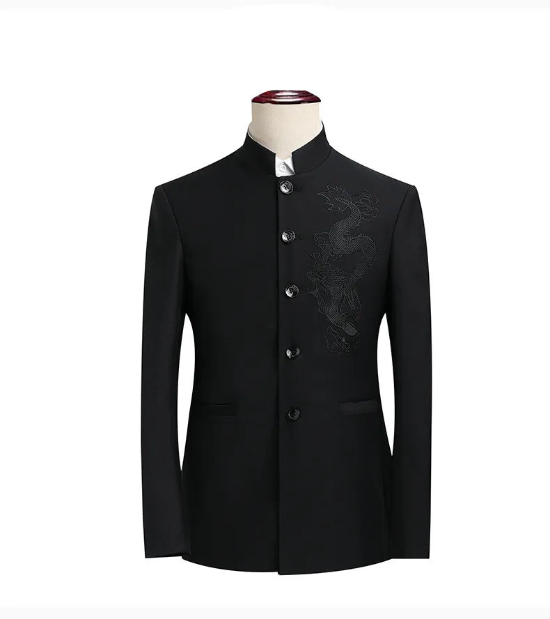 2026 New Men's Stand Collar Long Sleeve Suit Jacket, Asian Size Chinese-Style Slim-Fit Blazer in Dark Blue/Red/Grey/Black/White