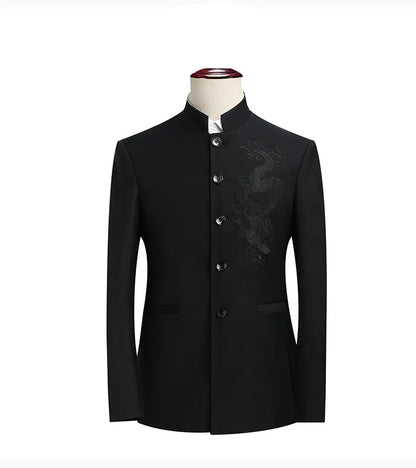 2026 New Men's Stand Collar Long Sleeve Suit Jacket, Asian Size Chinese-Style Slim-Fit Blazer in Dark Blue/Red/Grey/Black/White