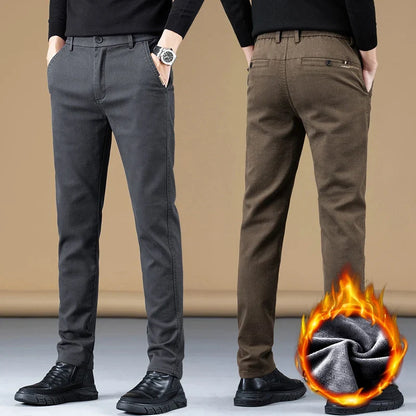 Stretch Fleece Casual Pants Men Korean Thickened Straight Thermal Velvet Pants Male Winter Business Soft Slim Fit Trousers