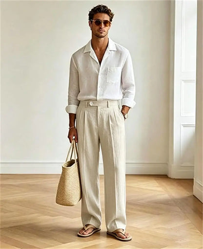 Mens Linen Casual Dress Pants Old Money Pleated Wide Leg Baggy Vintage Relaxed Fit Slacks Work Office Trousers