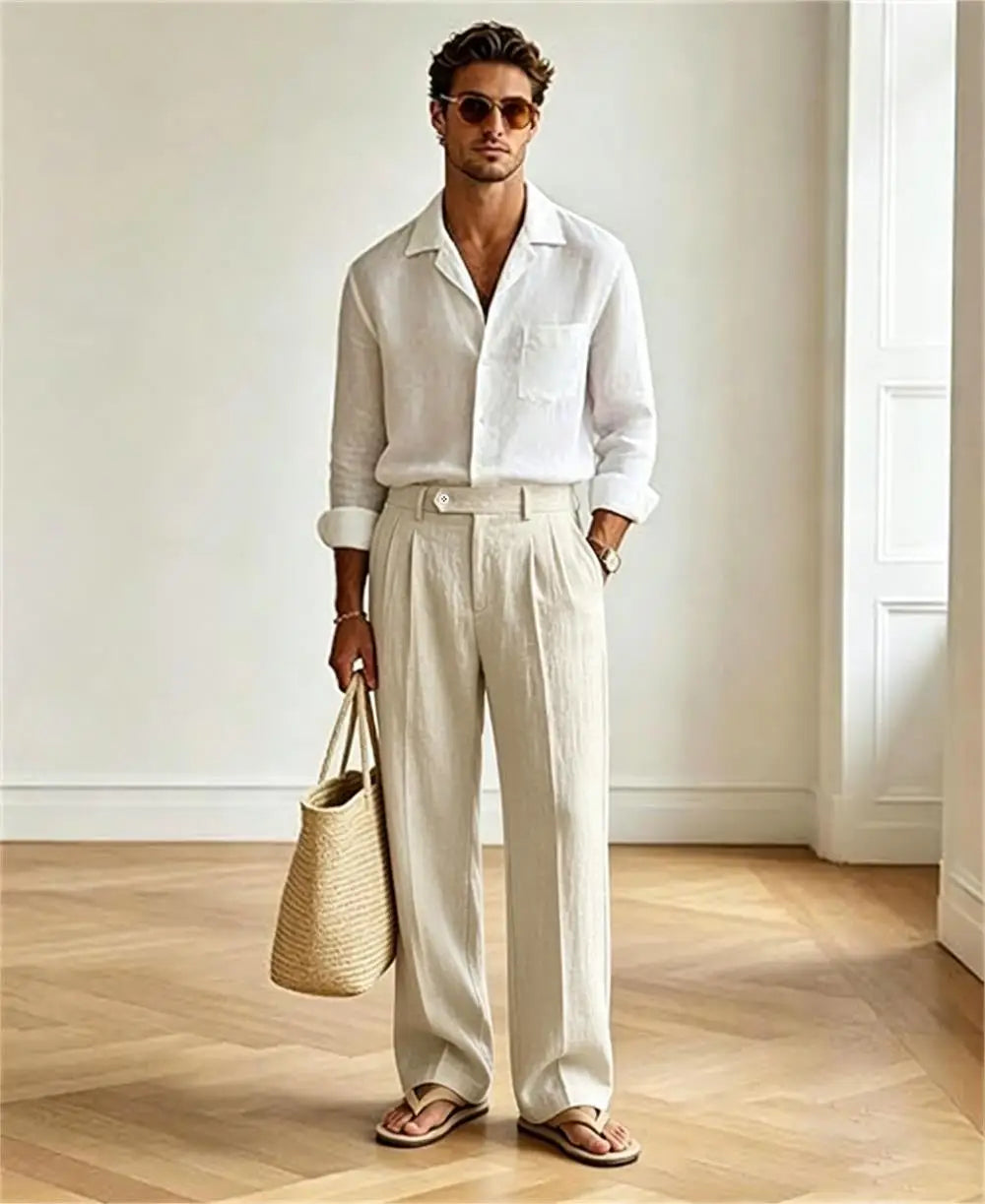 Mens Linen Casual Dress Pants Old Money Pleated Wide Leg Baggy Vintage Relaxed Fit Slacks Work Office Trousers