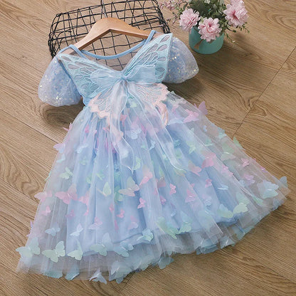 Baby Girls Butterfly Wings Fairy Gauze Princess Puff Sleeve Dress Lovely Kids Summer Tulle Dress Child Birthday Party Gown Dress