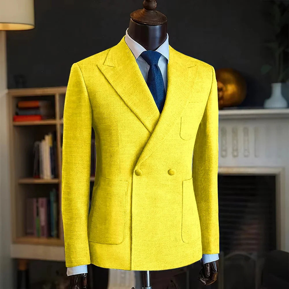 Luxury Men's Classic Suit Blazer Linen Double Breasted Notch Lapel Formal Groom Wedding Dress Jacket Lightweight Sport Coat