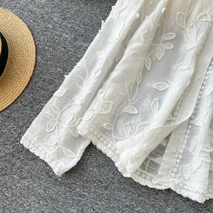 2025 Spring Gentle Women Blouse Leaves Embroidery Single Breasted Long Sleeves Summer Thin Streetwear Casual Shirt