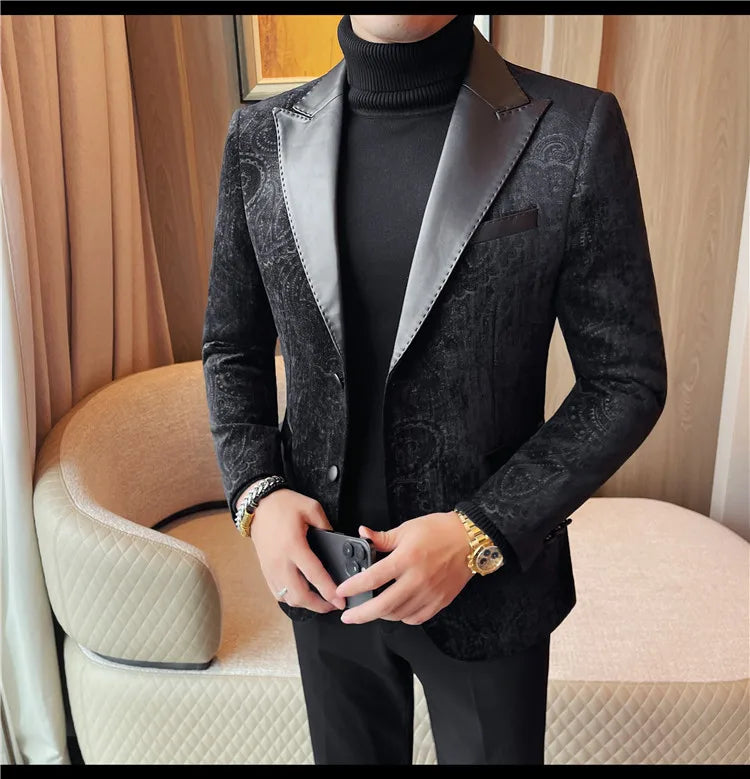 2025 Fashion Leather Neck Spliced Suit Jacket Luxury Men's Business Slim Fit Social Formal Blazers Coats Wedding Groom Tuxedos