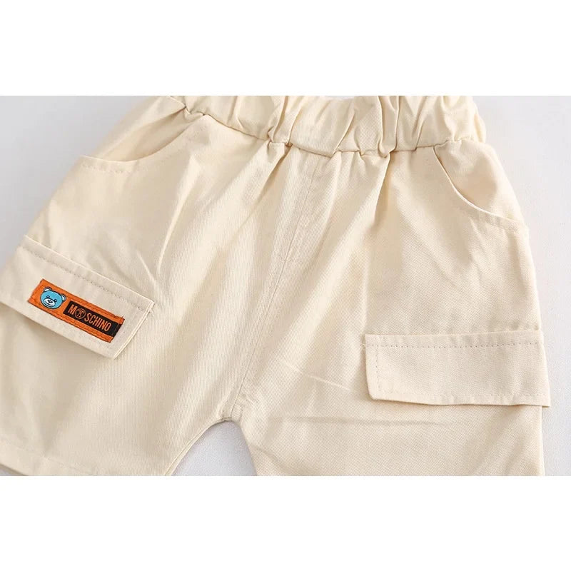 New Summer Baby Boy Clothes Set Toddler Boys Striped Cartoon 2-Piece Outfit with Cargo Shorts Casual Infant Children's Clothing