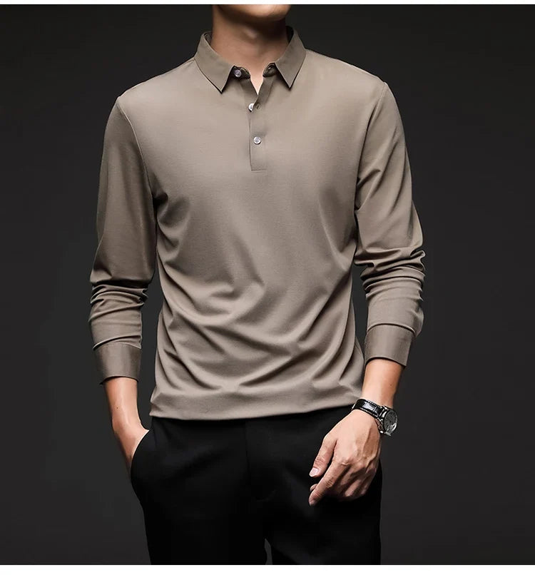 Mulberry Silk Men's Polo Shirts Luxury Long Sleeve Solid Color Golf Male T-shirts Spring Autumn Business Casual Man Tees