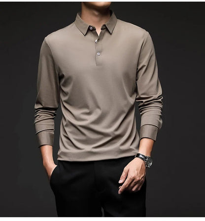 Mulberry Silk Men's Polo Shirts Luxury Long Sleeve Solid Color Golf Male T-shirts Spring Autumn Business Casual Man Tees