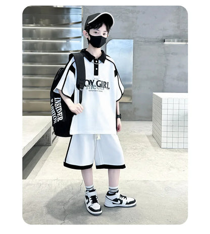 Summer Boys Patchwork Alphabet Preppy T-Shirt Tops+Drawstring Shorts Pant Set School Kids 2PCS Tracksuit Children Outfits 5-16Yr