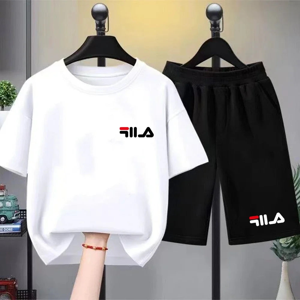 Summer Brand White T-shirt+Shorts Two-Piece Set Kids New Clothing Fashion Boy Girl 3-12 Yrs Sports Short-Sleeved Casual Set