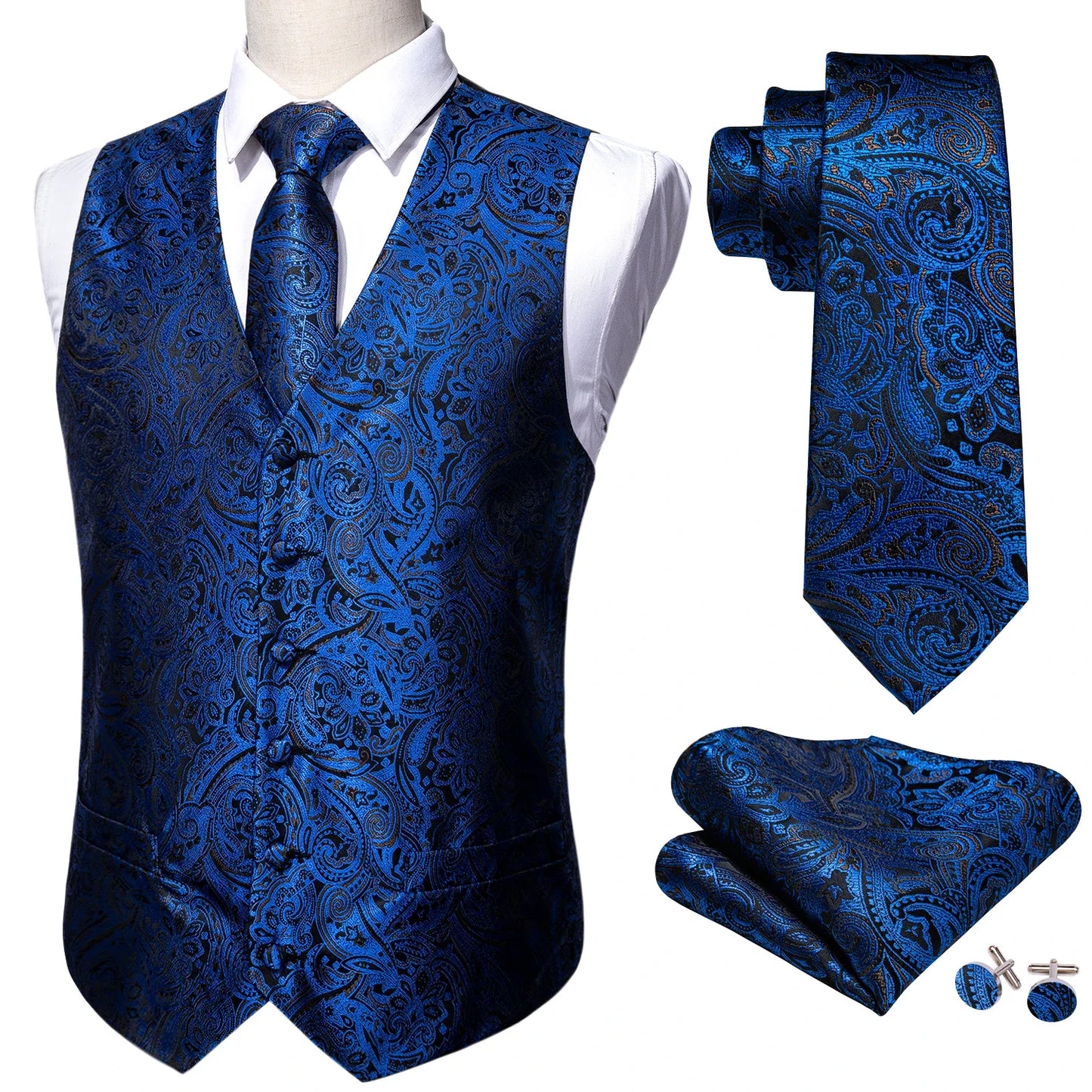 Navy Subtle Paisley V-Neck Vest Accessory Set Tie Pocket Square Cufflinks For Corporate Ceremony Banquet