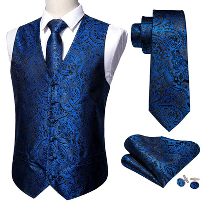 Navy Subtle Paisley V-Neck Vest Accessory Set Tie Pocket Square Cufflinks For Corporate Ceremony Banquet