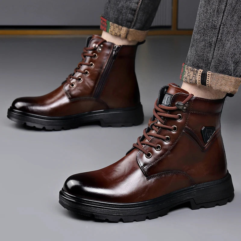 British Style Mens Winter Platform Snow Boots Fashion Genuine Leather Outdoor Antiskid Walking Ankle Boots Mens High Top Boots