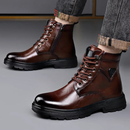 British Style Mens Winter Platform Snow Boots Fashion Genuine Leather Outdoor Antiskid Walking Ankle Boots Mens High Top Boots