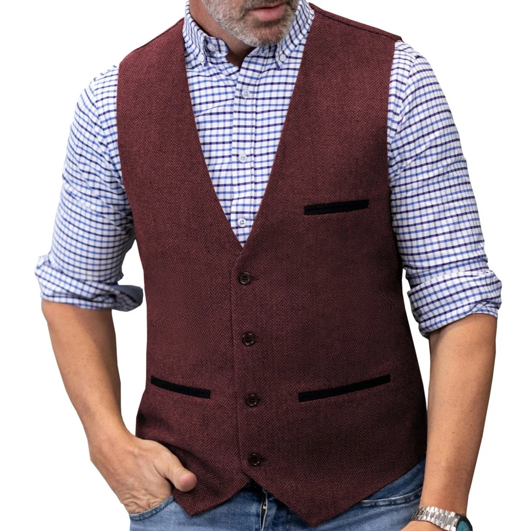 Men Vest Brown V Neck Single ButtonTweed Casual Business Waistcoat For Wedding Party Banquet Prom Work Men Suit Vest