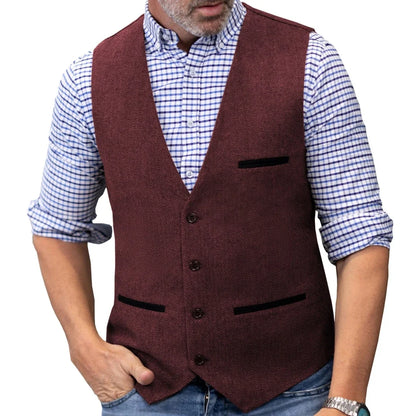 Men Vest Brown V Neck Single ButtonTweed Casual Business Waistcoat For Wedding Party Banquet Prom Work Men Suit Vest