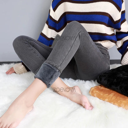 New Women Thick Velvet Jeans Fleece Warm Korean Fashion High Waist Skinny Elastic Pants Jean Casual Legging Winter 2023