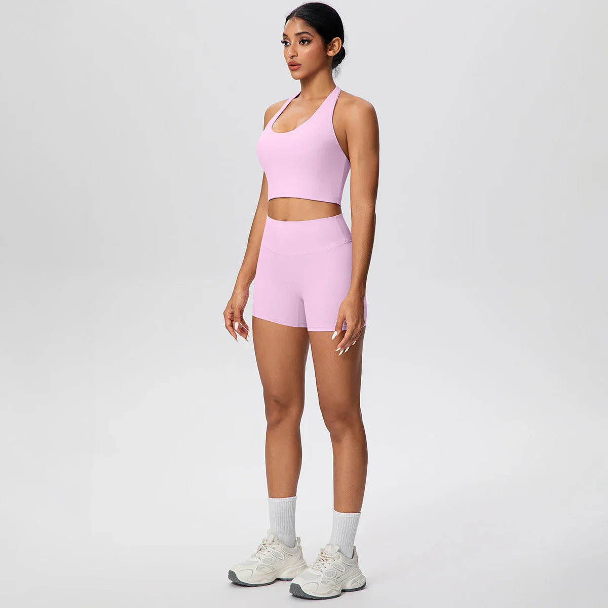 2picese Women Yoga Suit Solid Color High Waist Hip Push Up Fitness Shorts Sexy Pilates Backless Gym Hanging Neck Bra Yoga Set