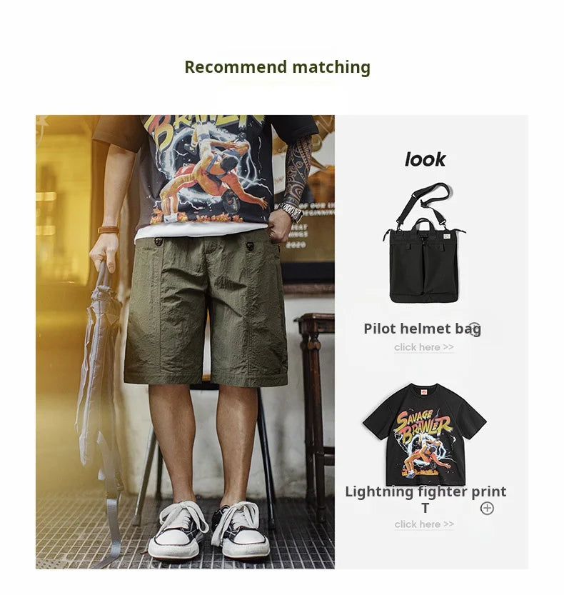 Casual Green Pocket Shorts Men's Summer Lightweight Woven Straight Leg Shorts Elastic Waist Retro Street Versatile Bottoms