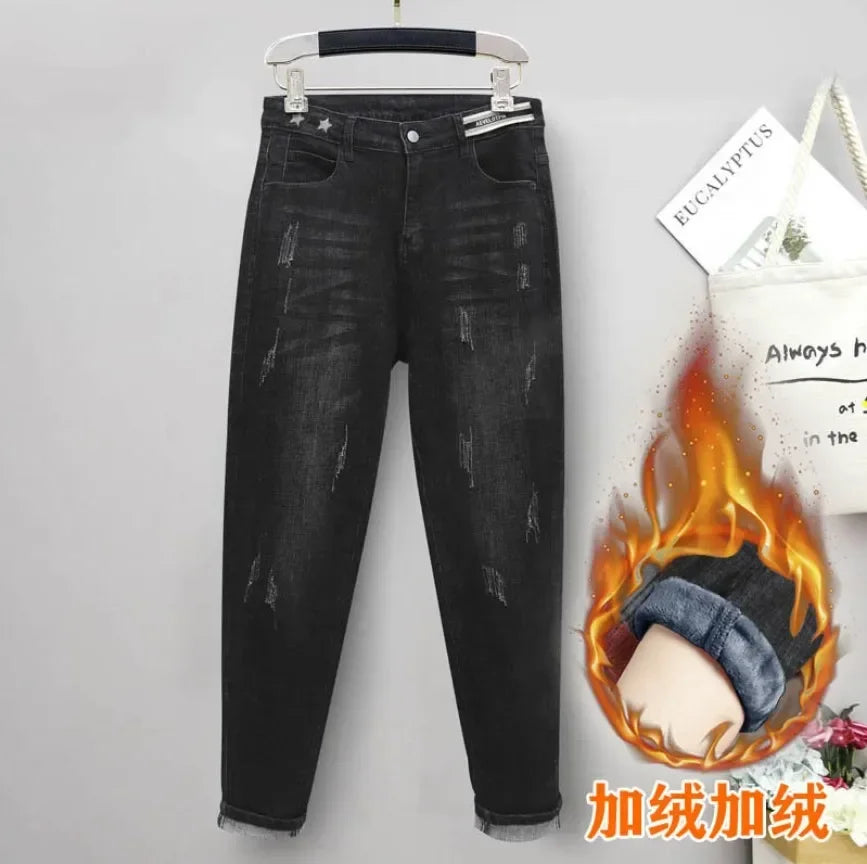 XL-6XL Spring Autumn Large Size Jeans Woman High Waist Baggy Jeans for Women Elastic Cotton Denim Harem Pants Mom Jeans