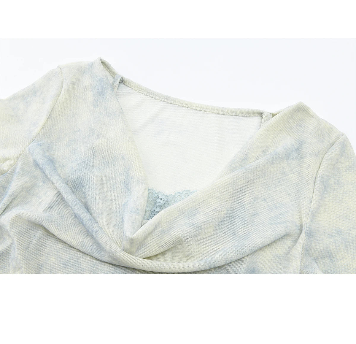 Blue Tie Dye T-Shirt For Women 2026 Summer New Swing Collar Lace Pleated Slimming Breathable French Style Top MXF22T1617