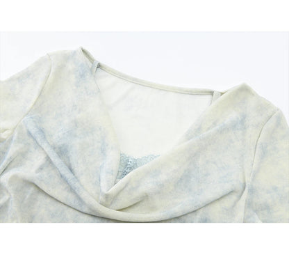 Blue Tie Dye T-Shirt For Women 2026 Summer New Swing Collar Lace Pleated Slimming Breathable French Style Top MXF22T1617