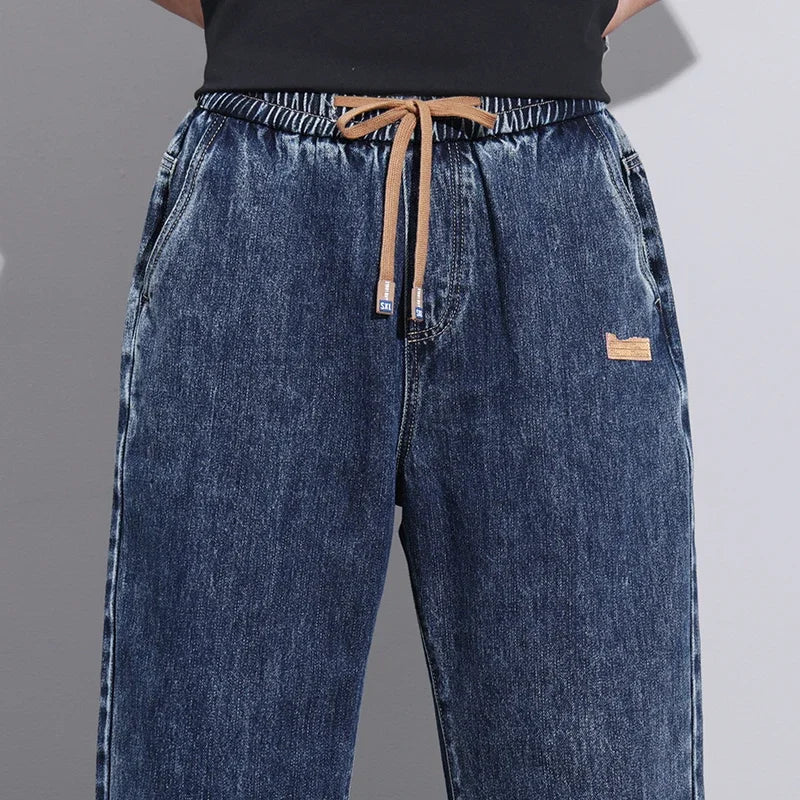 Men Dark Blue Blue Stretch Elastic Waist Denim Pants Streetwear Loose Full Length Trousers Straight Wide Leg Drawstring Jeans