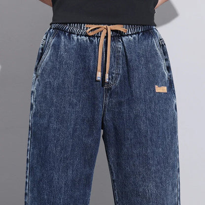 Men Dark Blue Blue Stretch Elastic Waist Denim Pants Streetwear Loose Full Length Trousers Straight Wide Leg Drawstring Jeans
