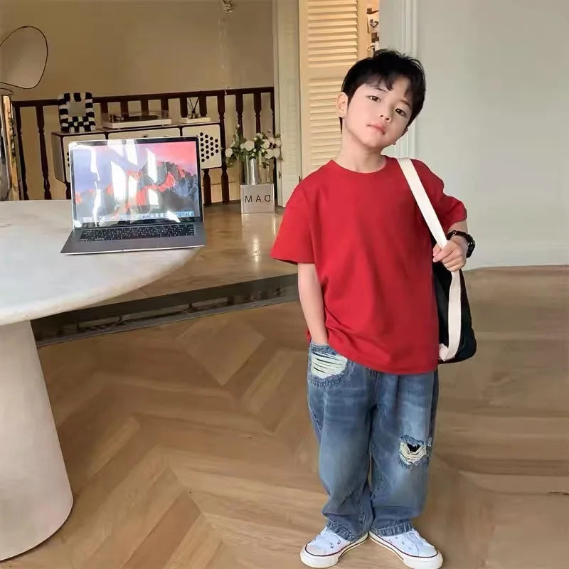 Summer Casual School Kids Cotton Plain Tee Tops Baby and Boys Short-Sleeved T-Shirt Children Outfit Clothing 1-16 Years