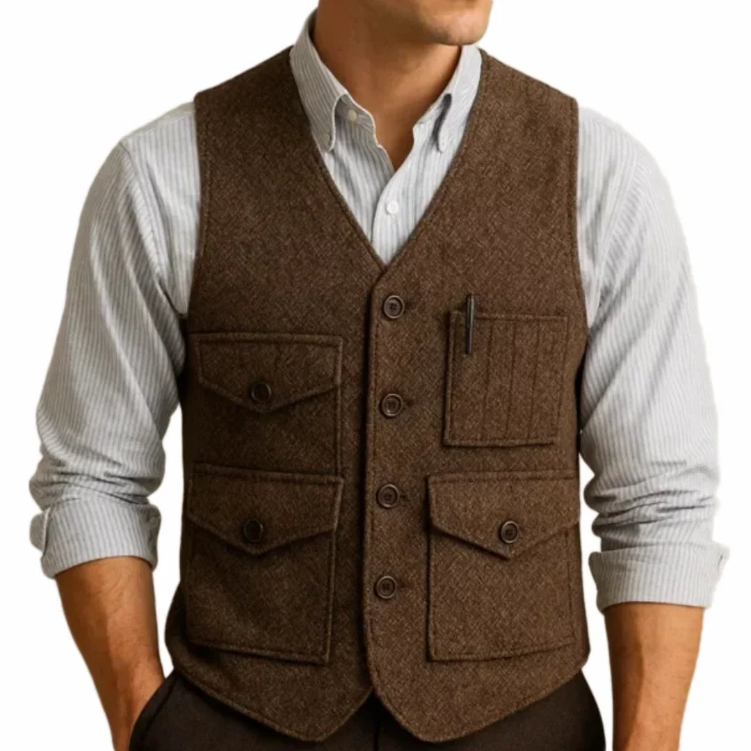 Men Vest Brown Herringbon Single Breasted With Pocket Waistcoat For Wedding Business Work Office Casual Daily Men Suit Vest