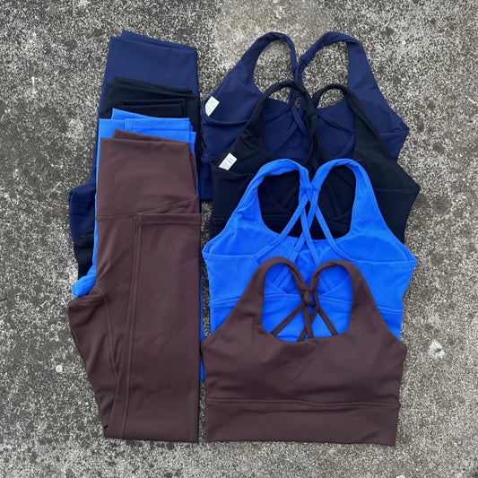 Solid Color Women Gym Yoga Set Shoulder Strap Cross Back Push Up Sport Bra High Waist Yoga Leggings 2pc Sportwear Workout Wear