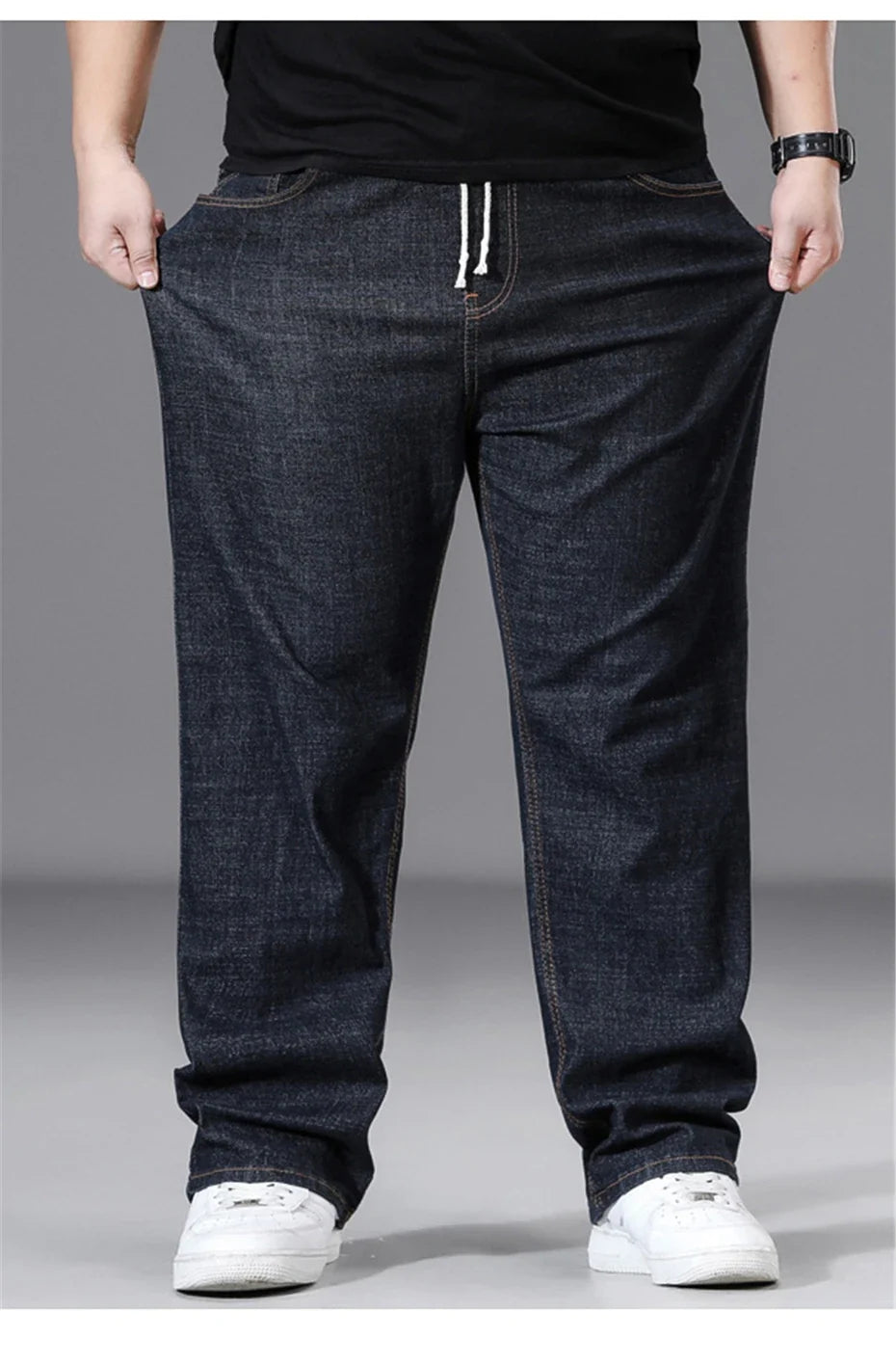 8XL Plus Size Jeans Men Solid Color Denim Pants Male Fashion Casual Baggy Jeans Elastic Waist Straight Pants