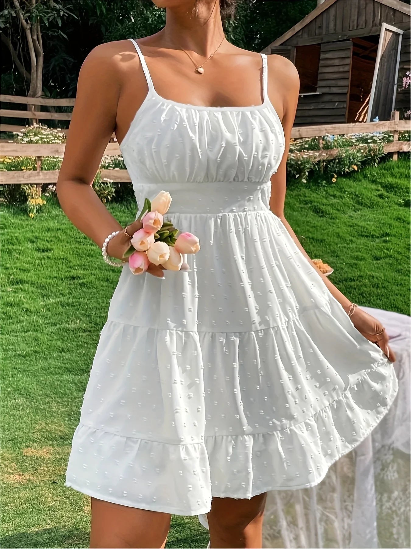 Women's White Swiss Dot Mini Dress Spaghetti Strap High Waist Ruffled Tiered Hem A Line Casual Summer Short Dress