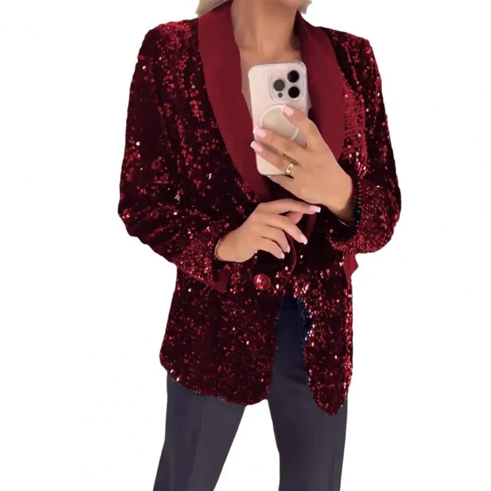 Sequin Suit Coat Solid Color Coat Elegant Glitter Sequin Women's Suit Coat with Lapel Long Sleeve Button Jacket for Autumn
