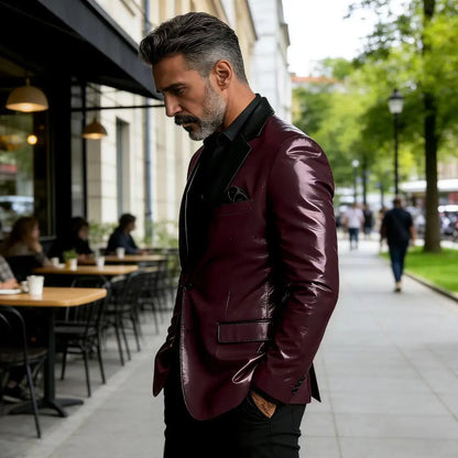 Men's Shiny Patent Leather Blazer Contrast Notch Lapel Two Button Suit Jacket Luxury Casual Business Formal Coat Party Wedding