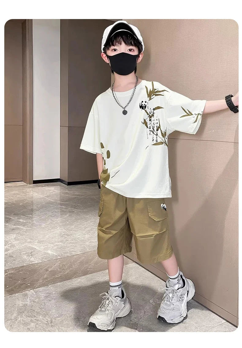 Chinese Style Kids Boy Summer Suit Twopiece Outfit Set With Panda Print T-shirt And Shorts Clothing Set for Children Streetwear
