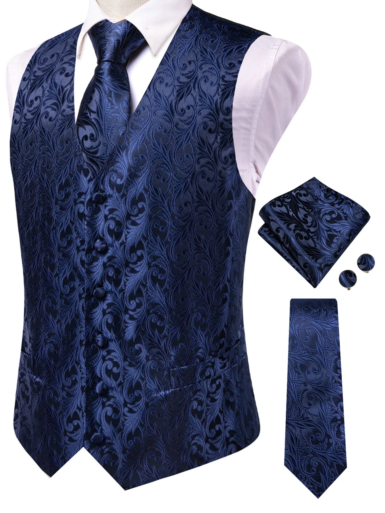 Men's Classic Floral Vest & Tie Hanky Cufflinks Set – Waistcoat for Weddings Events Party Gift
